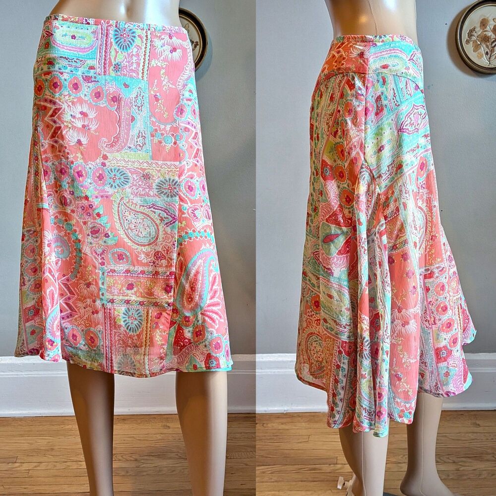 Vintage Y2K Cato Floral Midi Skirt Pink Paisley Fairycore Flutter Plus Size 16 - Picture 2 of 13